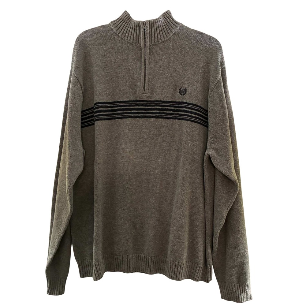 Chaps Quarter Zip Sweater Mens XL Gray Striped 100% Cotton Mock Neck